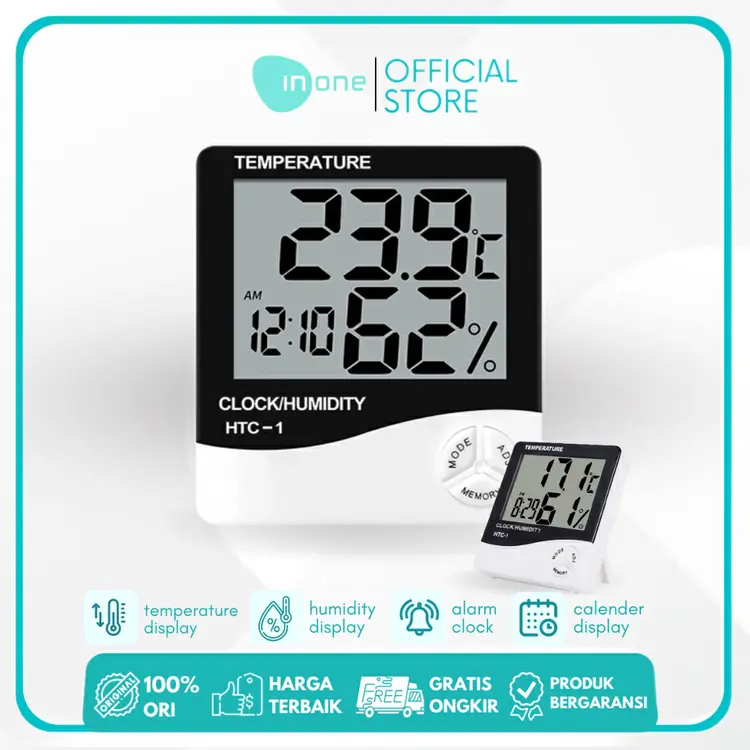 INONE Jam Alarm Digital Termometer Hygrometer HTC-1 Suhu Ruangan Kalender Layar besar