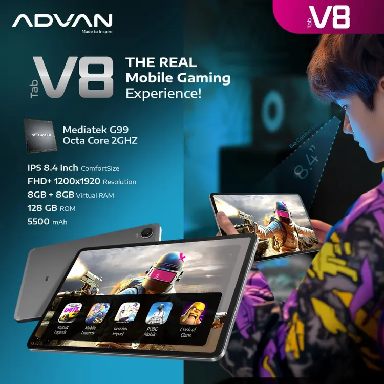 ADVAN Tab V8 | Dual Sim Card 4G LTE | Gaming Mediatek Helio G99 | 8+8GB/128GB | IPS WUXGA FHD+ 1920*1200 | Android 14 | Garansi Resmi 1 Tahun