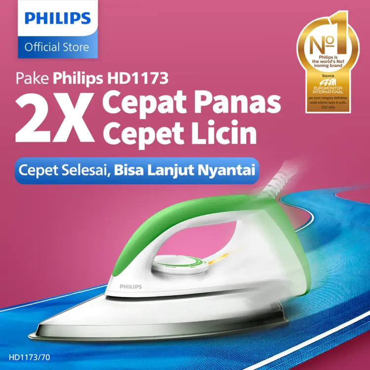 Philips: Setrika kering HD1173/70 Hijau, Ceramic 4 Lapis, Anti-Lengket