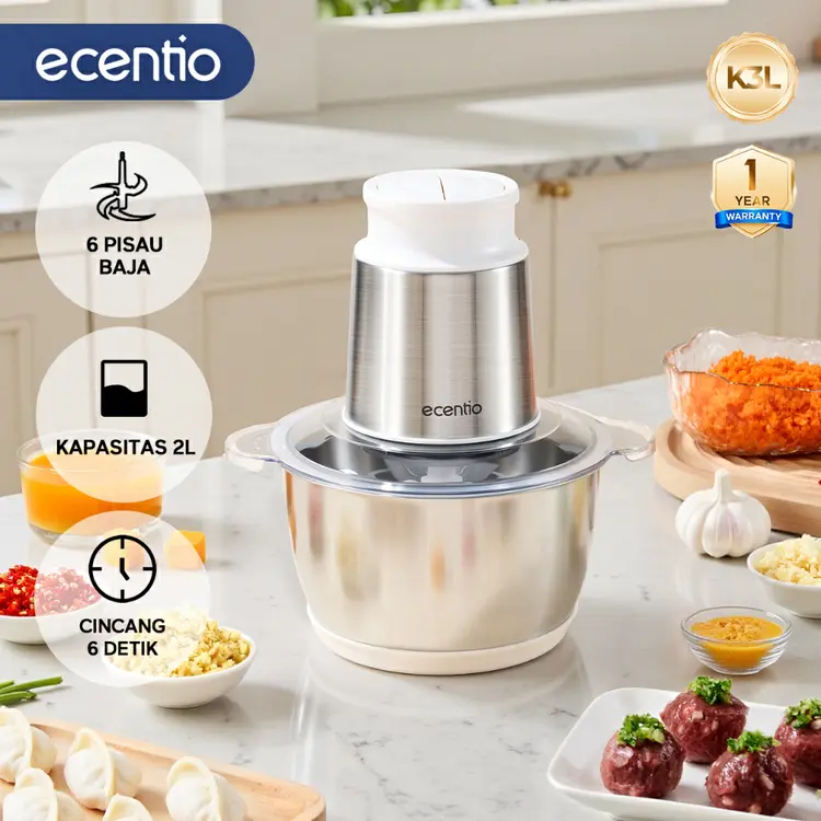 ecentio Penggiling Daging Stainless 2L Food Chopper 6 Mata Pisau Multifungsi Food Processor Daging 250W 2 Kecepatan Food Grade Garansi 1 Tahun