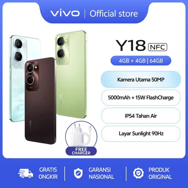 vivo Y18 (4/64) - NFC Multifunctions, 50MP AI Camera, 5000 mAH+15W Flashcharge
