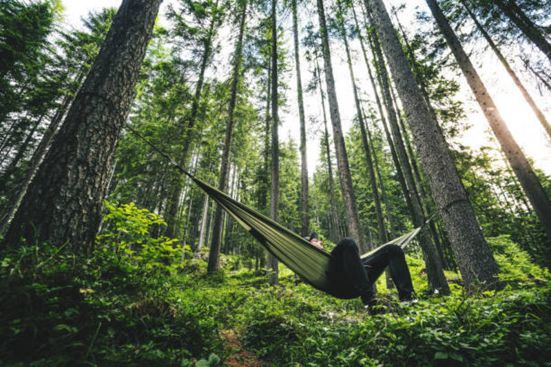 pria bersandar di tempat tidur gantung