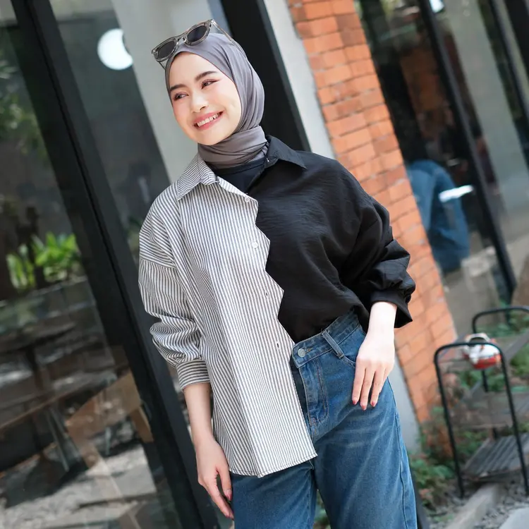 Mybamus Zigzac Kemeja Wanita Polo Linen Oversize Kombinasi Salur Garis Blouse Wanita Korean Style
