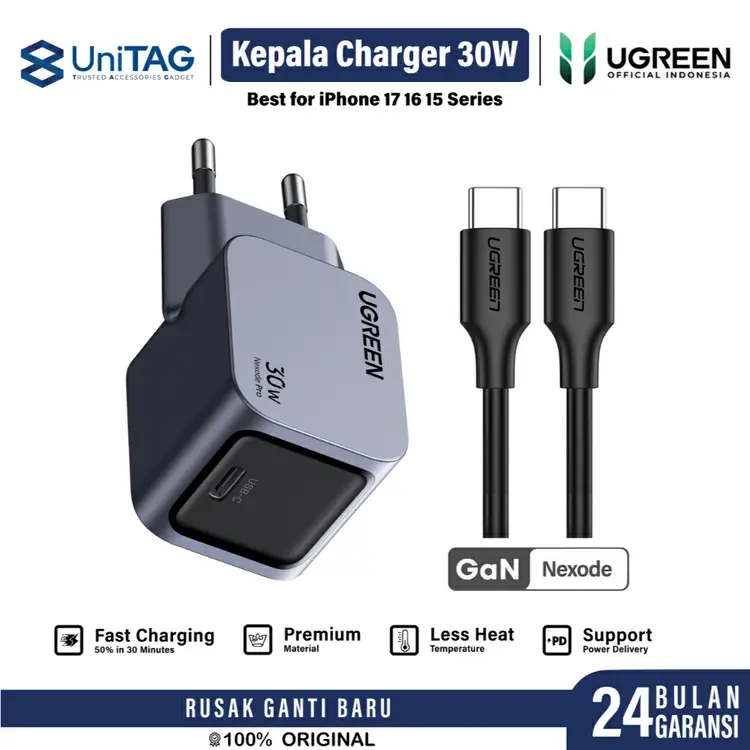 Kepala Charger for iPhone 17 16 15 14 13 12 11 XR XS X 8 7 6 Air Pro Max Plus UGREEN 30W 20W 18W Adaptor Type C Fast Charging