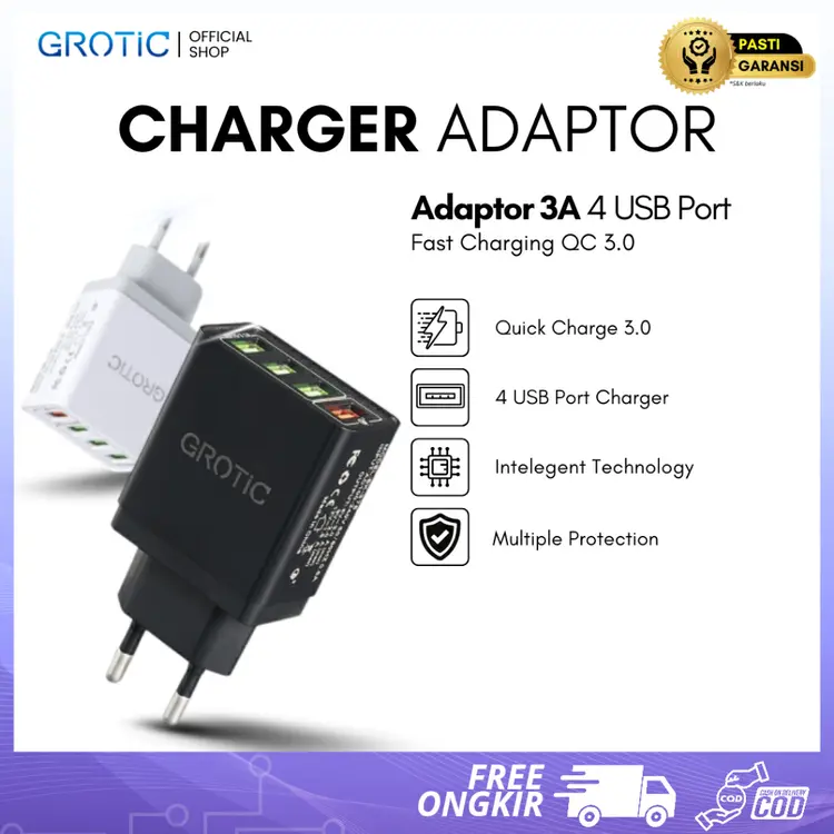 GROTIC Kepala Charger Fast Charging 3A QC3.0 4 Port USB Charger Adaptor BK-376