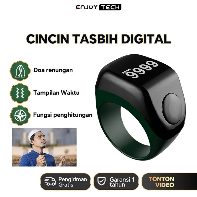 Smart Tasbih Counting Ring、Cincin Tasbih Digital-Hitung Zikir Otomatis Cincin pemantau detak jantung dan tekanan darah Pedometer Bluetooth