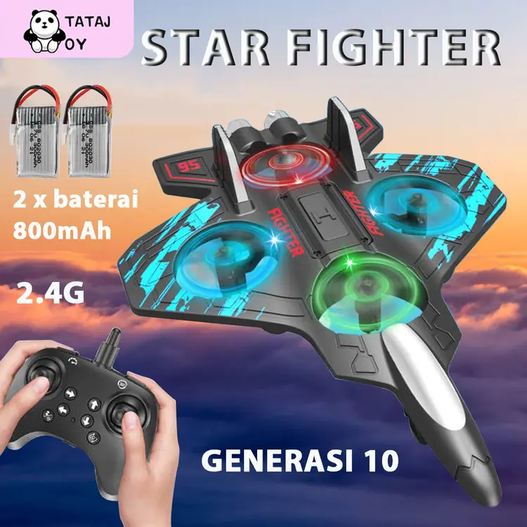 Tatajoy Pesawat Remote Control Terbang 2.4Ghz Pesawat Mainan Stunt Rc Mainan Pesawat Terbang Generasi 10 Star Fighter Led Glider Airplane