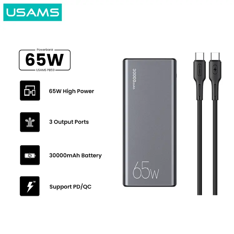 USAMS PB59 Powerbank 30000mAh Fast Charging PD 65W Dual QC3.0 + Kabel Data C to C 100W