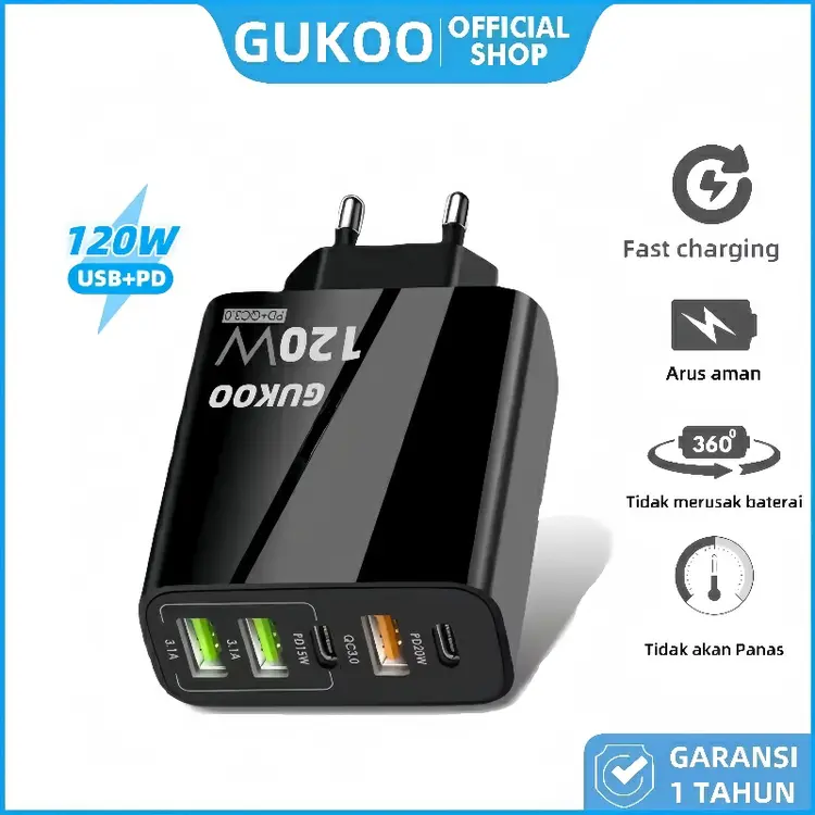 GUKOO Adaptor Fast Charging 120W Multi Port - USB & Type-C Dual Support - Cocok untuk HP/Laptop/Tablet 