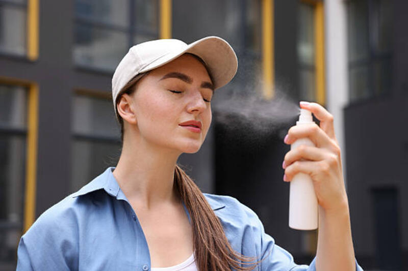 wanita cantik dengan topi bisbol menyemprotkan air panas ke wajahnya di luar ruangan - baseball hat for outdoor potret stok, foto, & gambar bebas royalti