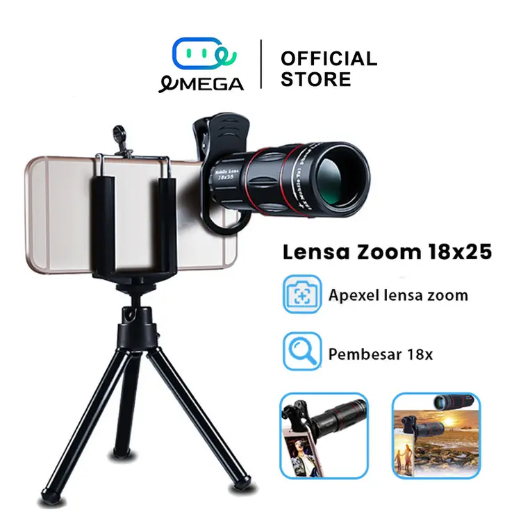 eMEGA Lensa Kamera Hp Apexel 28x25 Zoom vlog Paduan Aluminium Tripod Teleskop 18x/36x/60x Hp 200x