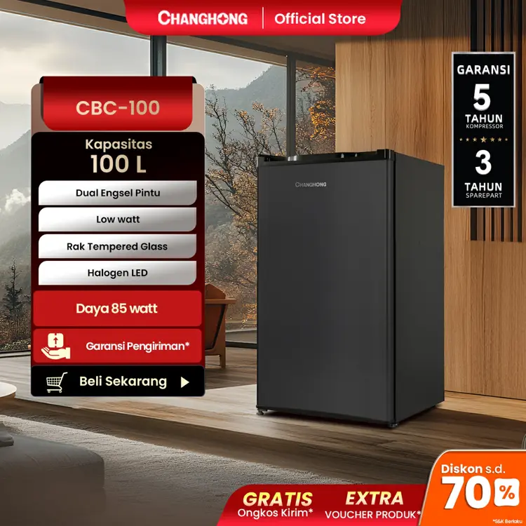 Changhong Kulkas 1 pintu (Refrigerator) Lemari Es Kapasitas 100 Liter – Black CBC 100 (Semi Auto-Defrost ) (Ajustable Door Bisa Di Buka Dari Kanan/Kiri) (Penyimpanan Besar) (Pintu Fleksibel) (Freezer Yang Terpisah) (Pembekuan Cepat)
