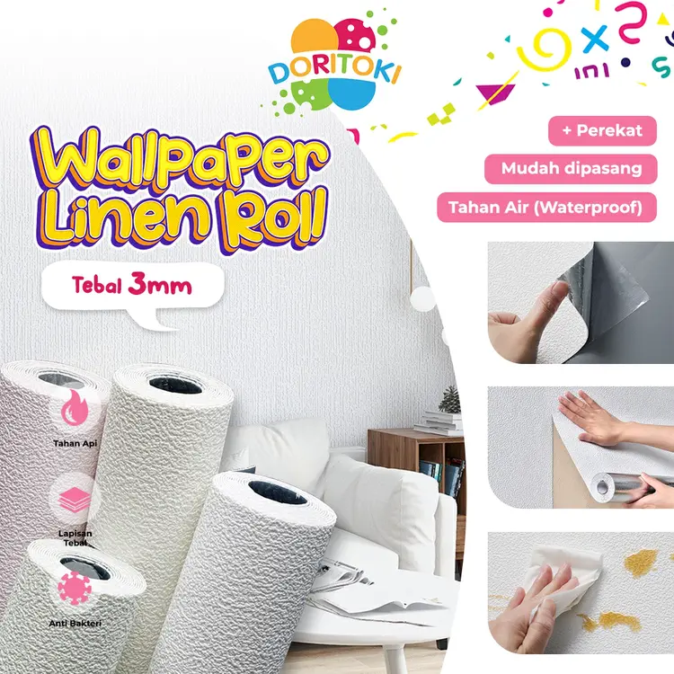 Doritoki Wallpaper Linen Roll | Wallpaper Dinding | Dekorasi Kamar | Sticker dinding uk 50 cm x 280 cm