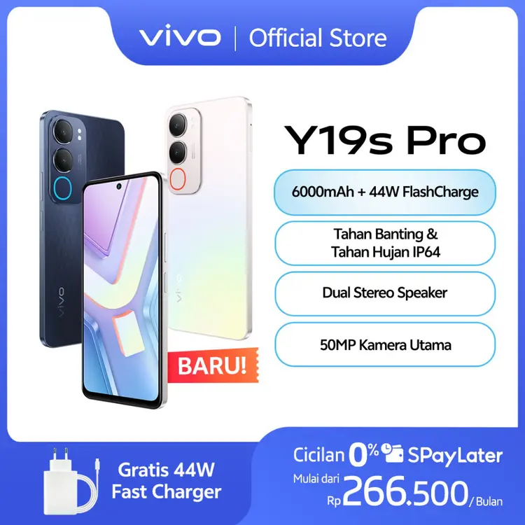 vivo Y19s Pro - 6000mAh + 44W FlashCharge, Tahan Banting Ekstrem, Tahan Hujan IP64, Dual Stereo Speaker, 50MP Kamera Utama, AI Erase 2.0