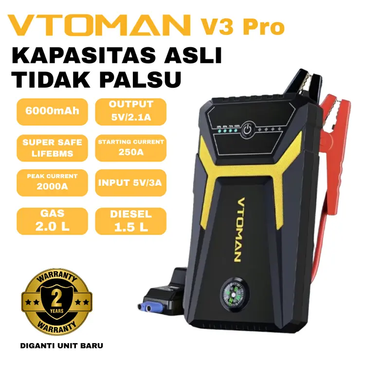 VTOMAN V3 Pro 6000mAh Jump Starter Dengan Tombol Boost Jumper Aki Mobil Powerbank Car Jump Starter