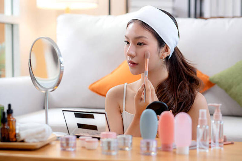 beauty happy young asian woman applying makeup with brush looking mirror in living room at home, beautiful woman applying make-up with cosmetic on facial for glamour and elegant, make up and cosmetic. - blush on potret stok, foto, &amp; gambar bebas royalti