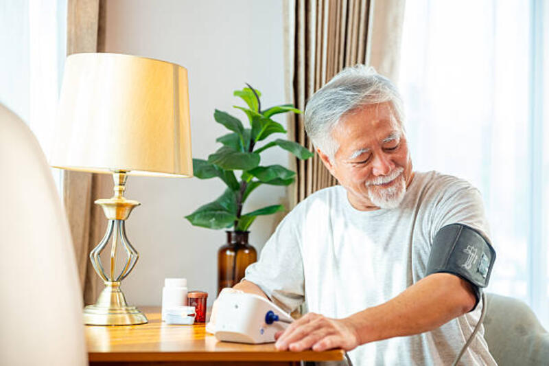 pria tua asia mengukur tekanan darah di rumah. - tekanan darah potret stok, foto, &amp; gambar bebas royalti