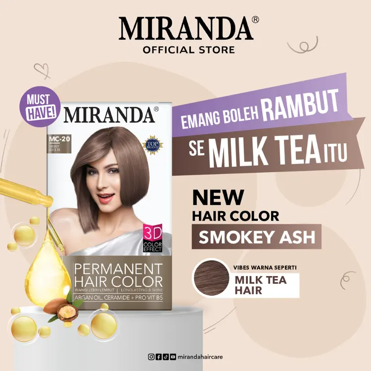 Miranda Hair Color (Cat Rambut Permanen) MC20 Smokey Ash 30ml | Semir Pewarna Rambut Milk Tea