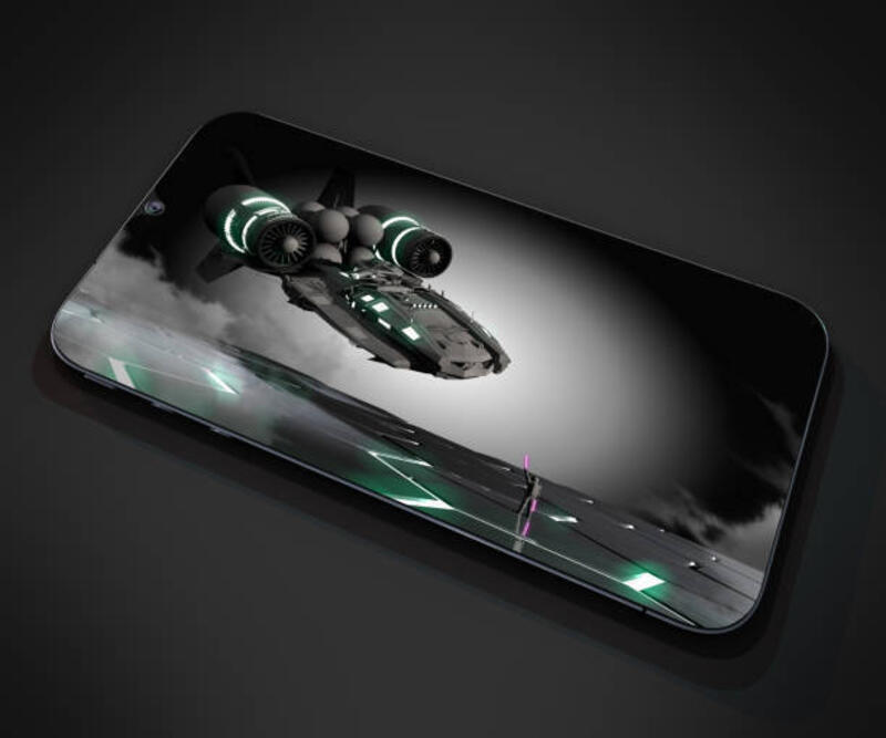 adegan film fiksi ilmiah di layar perangkat seluler - super amoled screen potret stok, foto, &amp; gambar bebas royalti