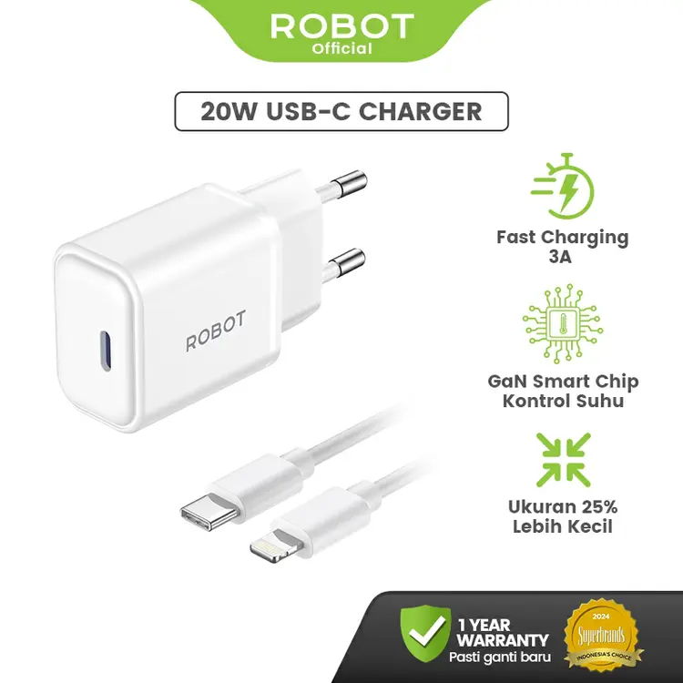 ROBOT Smart Phone Charger GaN Fast Charging Protocol 20W Adaptor Charger 3A Kepala Charger Mini Type C Lightning with GaN Chip RT-P20S Original - Garansi 1 Tahun