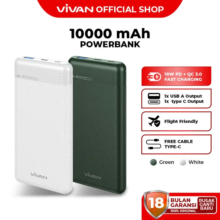 vivan: Powerbank 10000mAh 2 Input 2 Output Power Bank Fast Charging PD QC3.0 VPB-M10, VPB-M10 Putih,5001-10000mAh