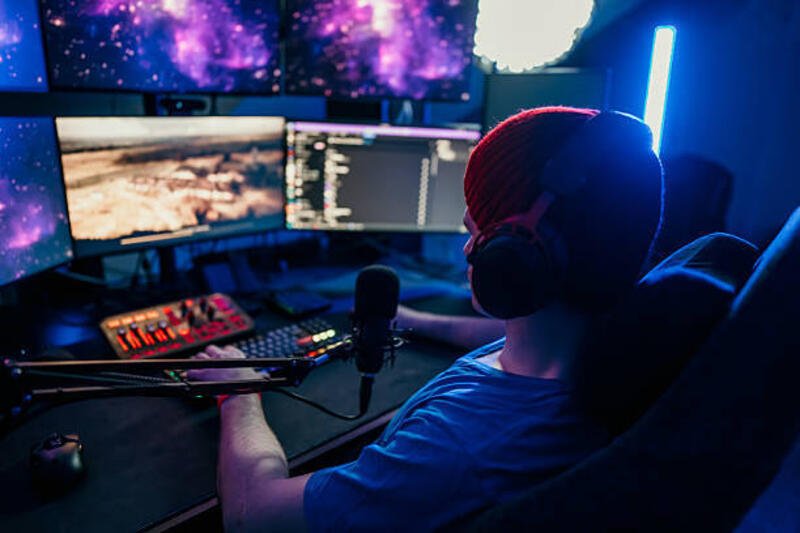 gamer streaming langsung di beberapa layar komputer - live streaming gaming potret stok, foto, & gambar bebas royalti