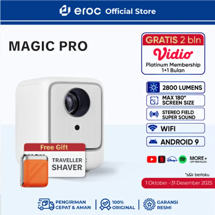 EROC Smart Proyektor LCD 2800 Lumens Android IOS Cast Netflix Compatible - MAGIC PRO