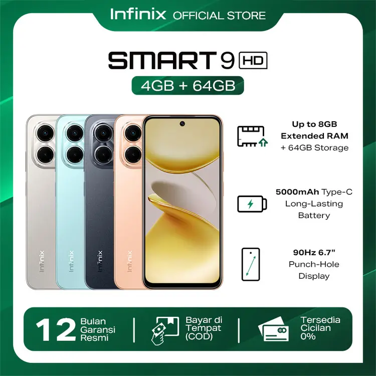 Infinix Smart 9 HD 4/64 – Up to 8 GB Extended RAM - 6.7" 90Hz Punch Hole Display  - 5000mAh