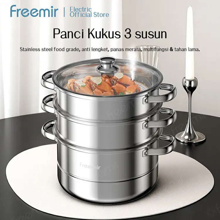 [SALE] freemir electric Langseng Stainless Steel Kukus Dimsum Tutup Kaca Tingkat 100% Garansi