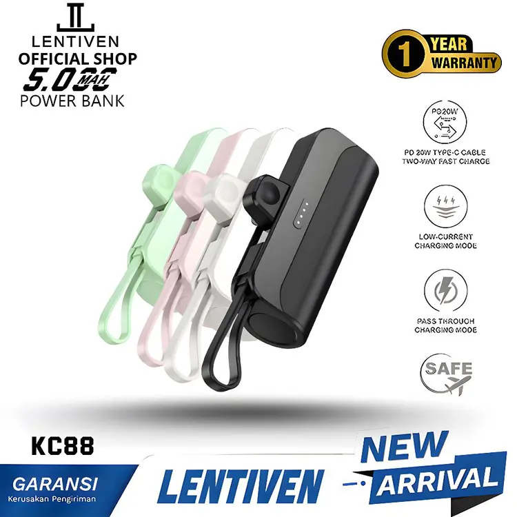 LENTIVEN POWERBANK 5000 MAH MINI FAST CHARGING SUPORT IPHONE DAN TYPE C KC88