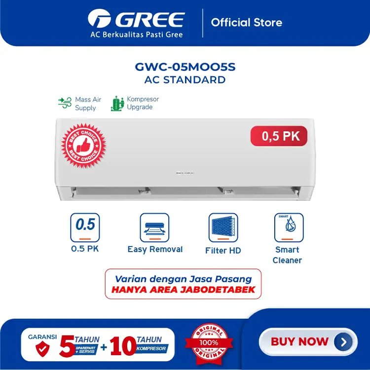 GREE AC STANDARD MOO5S Series - 1/2 PK - GWC-05MOO5(S) - KOMPRESSOR UPGRADE - PUTIH (Indoor-Outdoor)