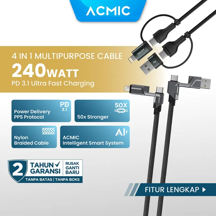 ACMIC OMNILINE 4in1 240W Kabel Data PD 3.1 Power Delivery Ultra Fast Charging USB Type-C iPhone Lightning
