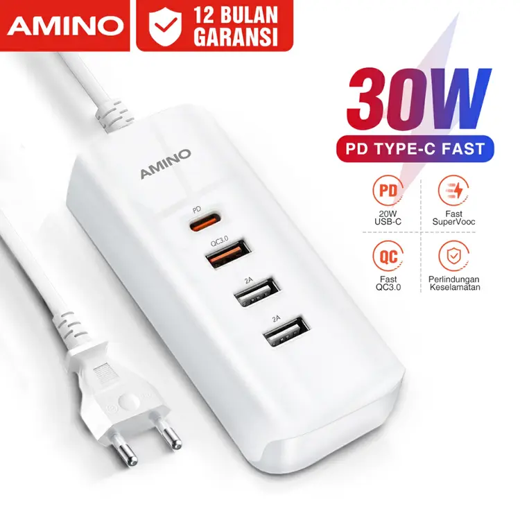 AMINO 30W PD20W SuperVOOC QC3.0 3USB + PD Port 4 IN 1 Multi Port Charger Fast Charger Adaptor LED Function / USB C Port Fast Charger untuk oppo samsung xiaomi
