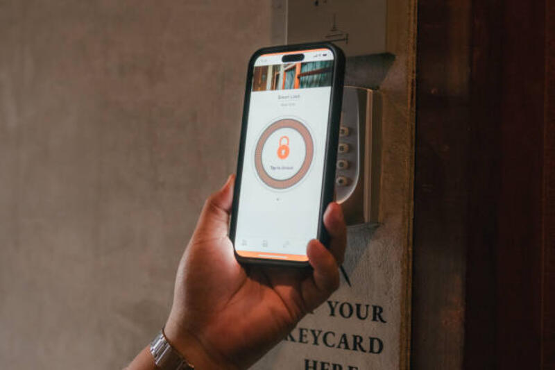 Guest Utilizes Smartphone to Unlock Door for Easy and Secure Entry. Guest Employs Smartphone for Quick and Effortless Door Access during Stay. smart door lock stock pictures, royalty-free photos & images