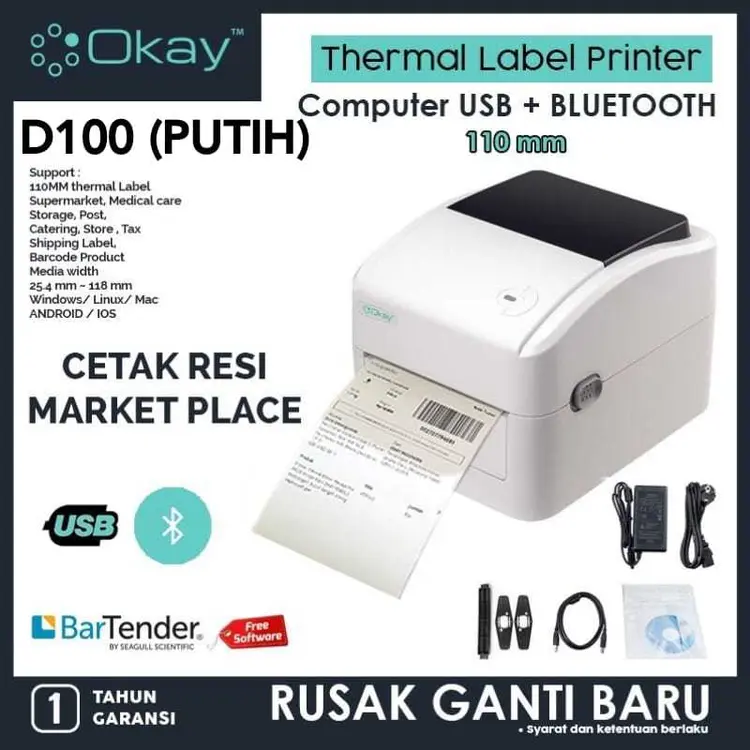 OKAY D100 BW BL Printer label pengiriman barcode thermal Max Sticker A6 110mm Printer Resi