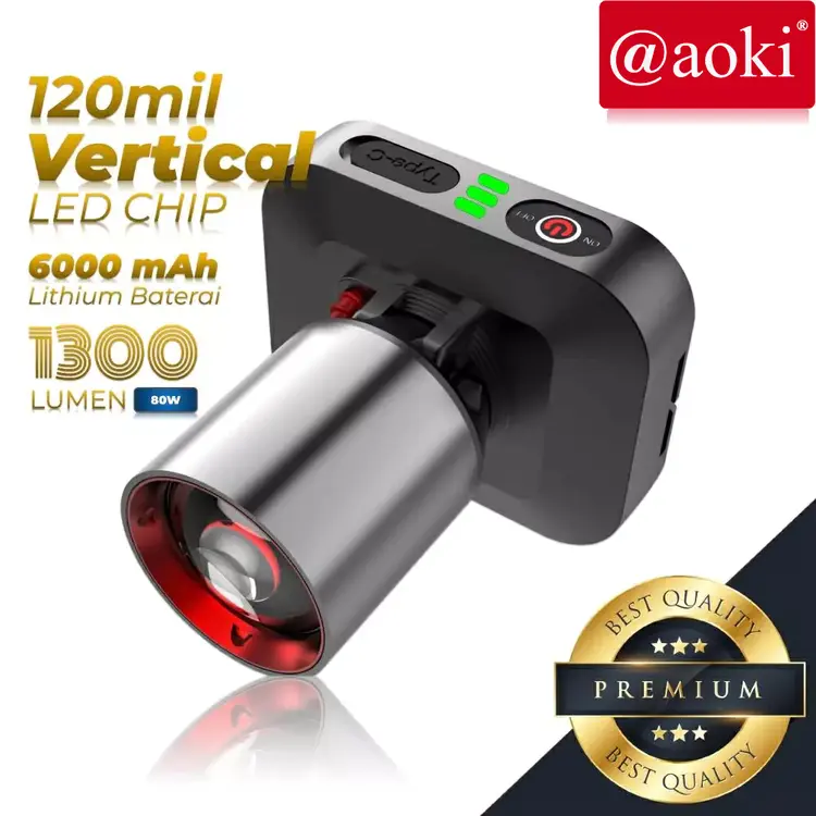 AOKI Senter Kepala Cahaya Maksimal Plus RechargePro USB-C, 80W 1300lumen 1500lumen Penyebaran Zoom