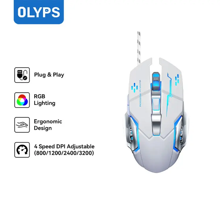 OLYPS Mouse Gaming RGB Kabel Portable Optical 3200DPI Ergonomic Desain Untuk PC/Laptop