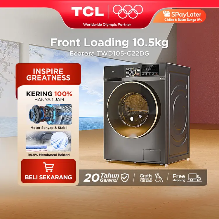 TCL Mesin Cuci Front Loading Washer Dryer 10.5 kg - 100% Kering - Bakteri Hilang 99% - 16 Mode Cuci - Drum Clean - Pengering Bukaan Depan (Model: Ecorora TWD105-C22DG)
