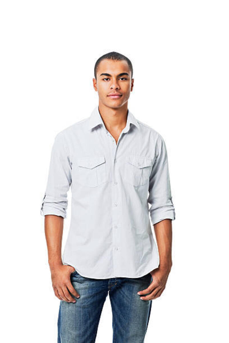 pemuda berpose untuk kamera - terisolasi - double pocket shirt potret stok, foto, &amp; gambar bebas royalti