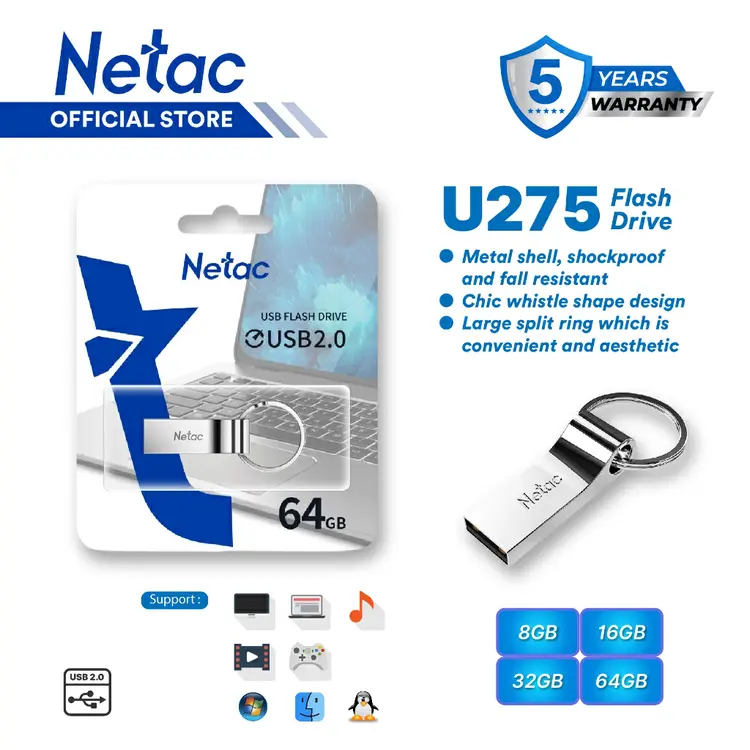 Netac Flashdisk U275 USB 2.0 Flash Drive 8GB/16GB/32GB/64GB Flash Disk Jump Drive Zinc Alloy Housing