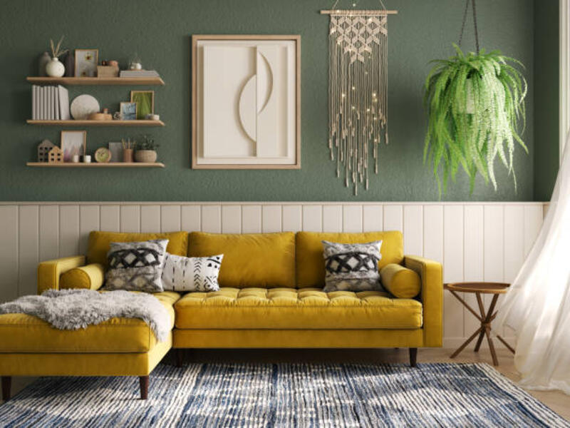 vintage-cozy-living-room-interior-with-yellow-sofa-white-wood-panelling-and-green-walls.jpg (612×459)