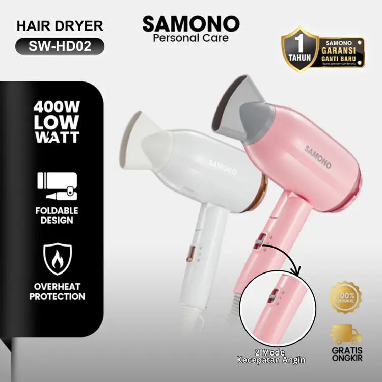 SAMONO Hair Dryer Pengering Rambut 400 Watt Bisa Dilipat Travel Friendly Garansi 1 Tahun Ganti Baru Original SW-HD02