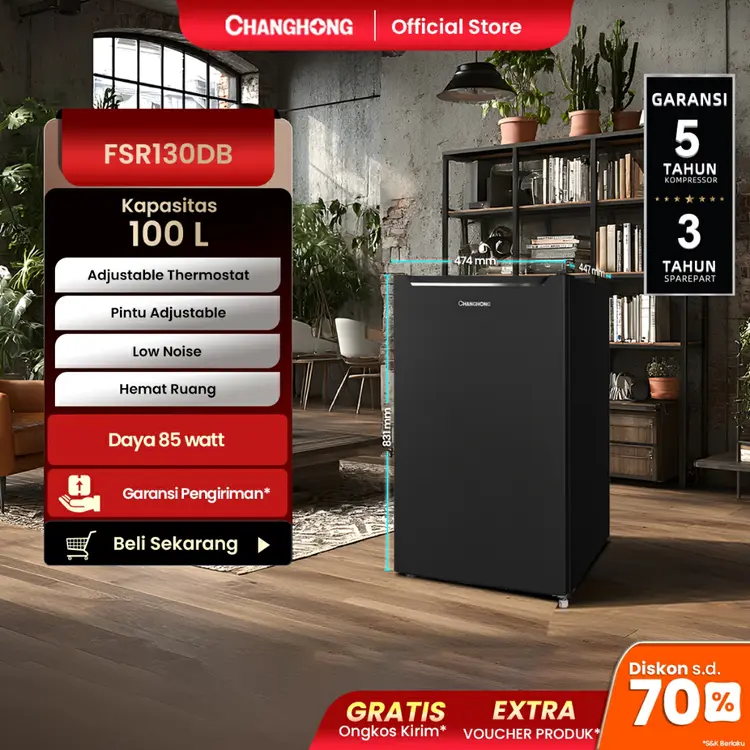 New Changhong Kulkas 1 pintu (Refrigerator) Lemari Es Kapasitas 100 Liter – Black FSR130DB (Semi Auto-Defrost ) (Ajustable Door Bisa Di Buka Dari Kanan/Kiri) (Penyimpanan Besar) (Pintu Fleksibel) (Freezer Yang Terpisah) (Pembekuan Cepat)