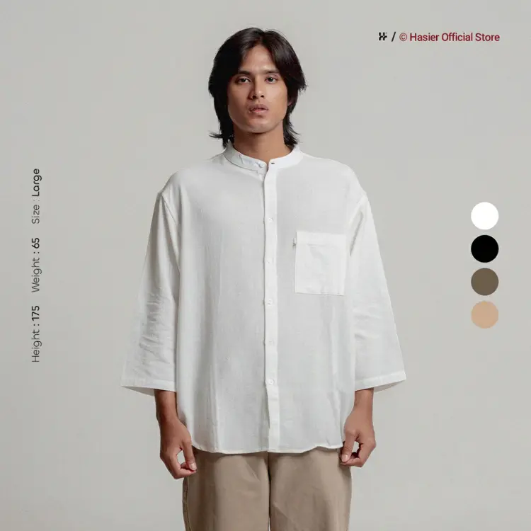 HASIER Linen Band Collar 7/8 Sleeve Shirt