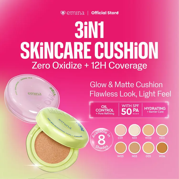 NEW! Emina Glow & Matte 3in1 Skincare Cushion SPF 50 PA++++ 13 G | Flawless Lightweight Make Up Foundation Glowing Skin Transferproof Full High Coverage Bedak Waterproof Sweatproof Dewy Moisturizer Hydrating Barrier Non-Comedogenic BB Cream