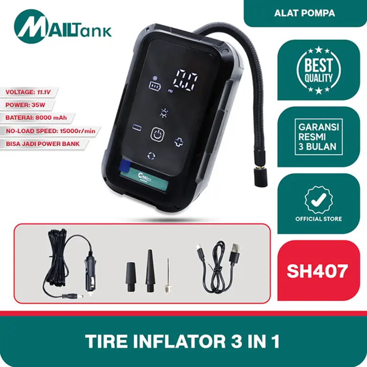 Mailtank SH407 pompa elektrik 3 IN 1 ban portable multifungsi inflation pump bisa pompa ban motor dan mobil , PowerBank & Senter Emergency