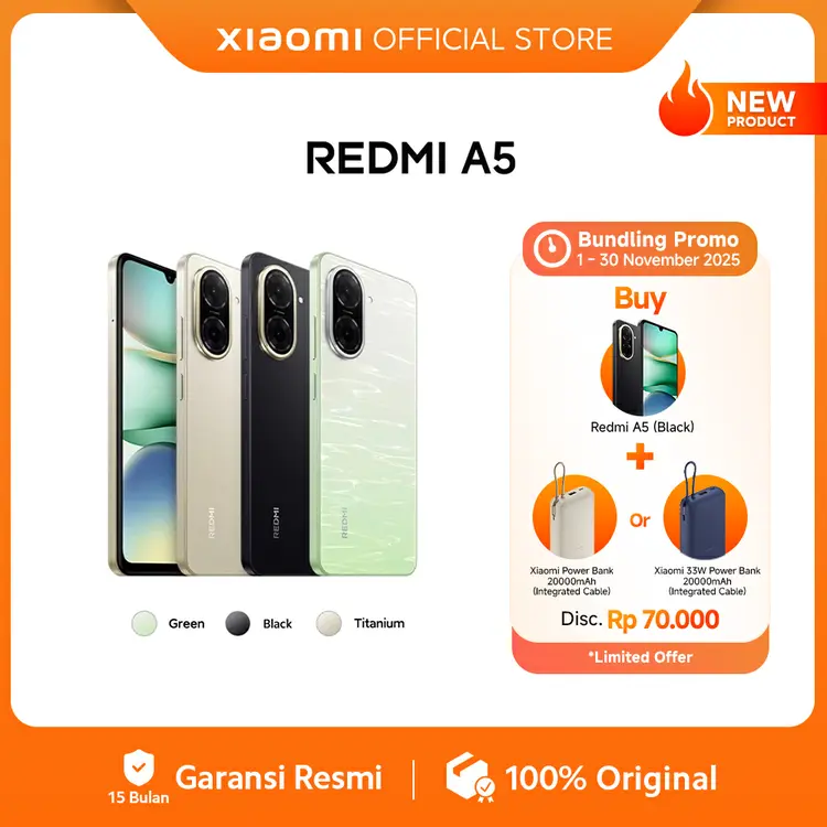 Xiaomi Redmi A5 (4+4GB*/128GB) | Kamera hebat 32MP | Desain memikat 6.88"display | Baterai kuat 5200mAh [Official Store]