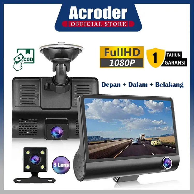 Acroder Dashcam Mobil 3 Cameras 1080P HD 4.0 Inch Night Vision Loop Recording