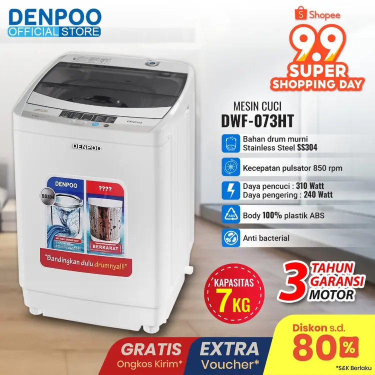 Denpoo Mesin Cuci 1 Tabung Top Loading DWF 073 HT Full Automatis