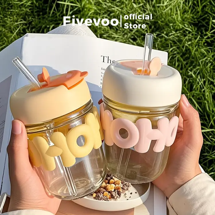 FIVEVOO Cangkir Gelas Ganda Sedotan/ Motif Cute350ml Gelas / Lucu Cangkir Mug Gelas/Gelas Kopi Susu Dengan Tutup Gelas Jerami Gelas